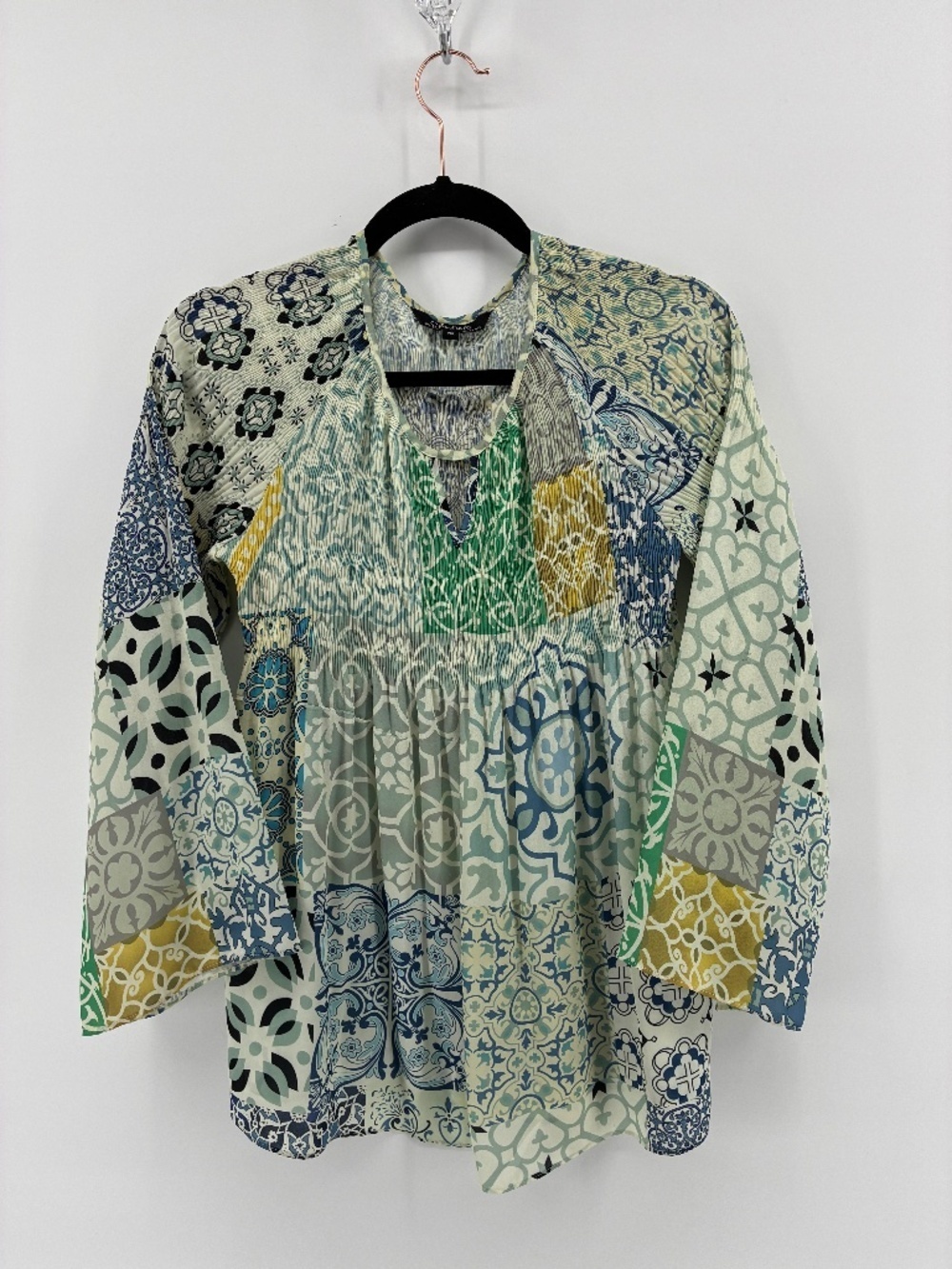 CHARLIE B Patchwork White and Blue Blouse